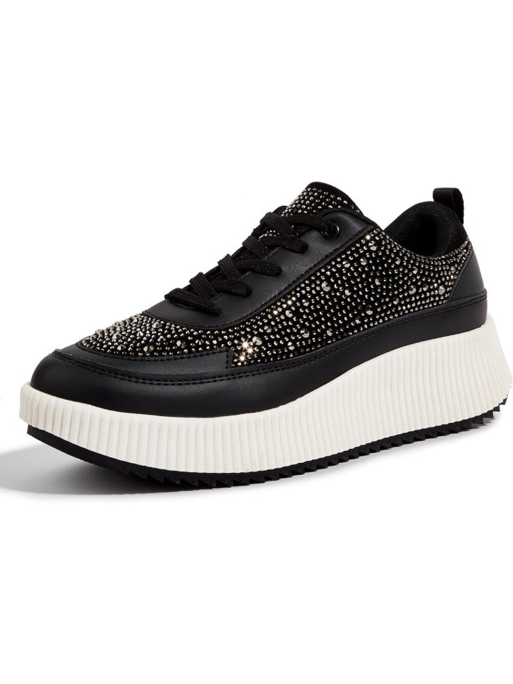 Women's Black Rhinestone Woven Platform Lace Up Anti Slip Durable Chunky Sneaker